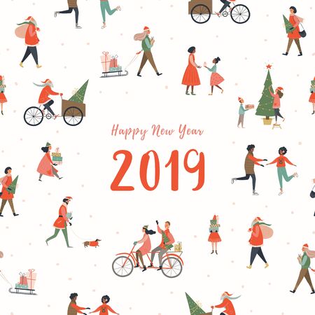 Merry Christmas and Happy New Year. Vector set with cute santa claus and people.のイラスト素材