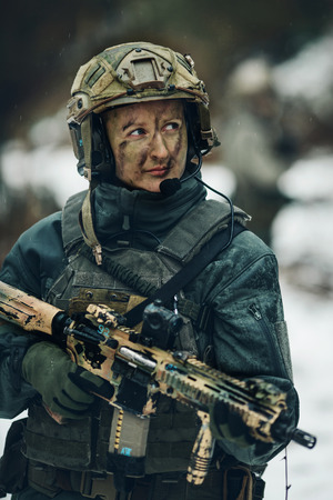 young woman soldier member of ranger squadの写真素材
