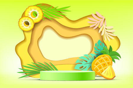 3D white cylinder pedestal podium with Paper cut style illustrator elements of fruit on background.のイラスト素材