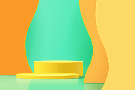 Abstract scene background. Cylinder podium on orange, green, yellow background. Product presentation, mock up, show product, Podium, stage pedestal or platform.のイラスト素材