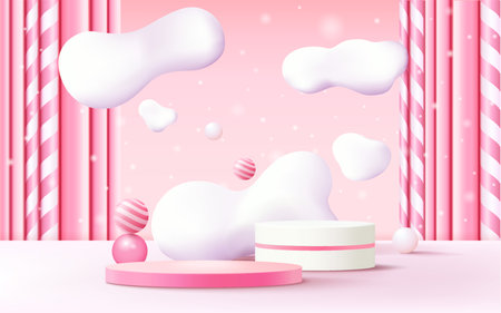 Abstract 3D white cylinder pedestal podium with pastel minimal wall scene. Modern vector rendering geometric platform for product display presentation.のイラスト素材