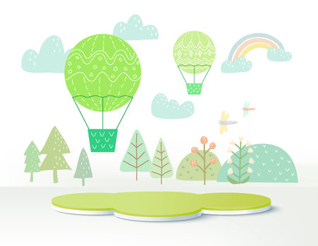 3d product podium, background with rainbow and clouds, weather with empty space for kids or baby product.のイラスト素材