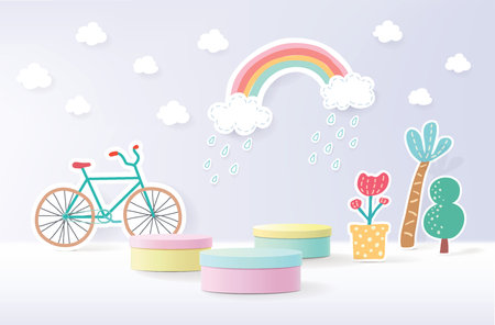 Paper cut landscape banner with rainbow and clouds made in realistic paper craft art. Kids colorful podium product displayのイラスト素材