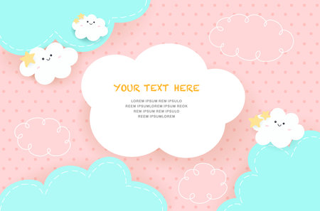 Cute dotted pattern background with clouds and rainbow. children bedroom, baby nursery decorative wallpaper. Vector illustration.のイラスト素材