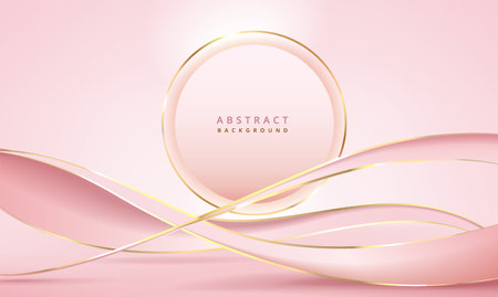 Abstract 3D modern luxury banner design template golden wave with ribbon lines on pink gold backgroundのイラスト素材