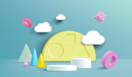 Stand and display colorful pastels with clouds. 3D rendering. A scene for advertising, Mockup for kidâs product display or showcase.のイラスト素材