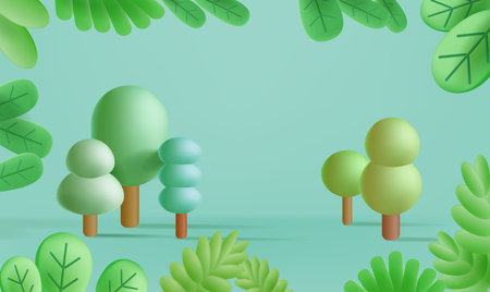 Stage decor with tree shapes. 3d pedestal natural scene or platform for product stand. Vector...