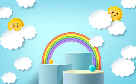 3d podium on colourful background with clouds and cute rainbow, kids product display.のイラスト素材