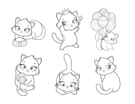 Vector set of cute cartoon style cat in different poses. Animal character illustration for children. Hand drawn line drawings of funny kitten. Big collection of pets for kids, coloring, animation.のイラスト素材