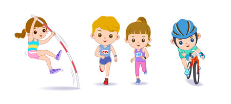 Happy children playing sport game, doing physical exercise. Training set. Active healthy childhood. Flat vector cartoon illustration isolated on white backgroundのイラスト素材