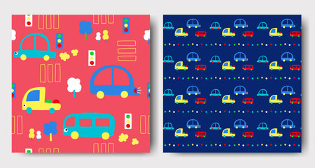 Seamless patterns collection for kids. Cute graphic elements, elements with cute cars, hand-drawn in children's style used for fabric, textile, print, and decorative wallpaperのイラスト素材