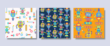 Cute robots seamless pattern collection, hand-drawn style used for fabric, textile, print, banner, cover, background and decorative wallpaperのイラスト素材