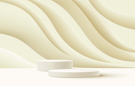 Luxury cylinder pedestal podium. Beige color wave liquid shape decorate. Minimal wall scene. Abstract vector rendering 3d shape for products display presentation.のイラスト素材