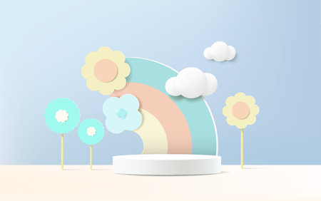 Vector background with cute design in paper cut style. Geometric pastel color background, design for cosmetic or product display podium 3d render.のイラスト素材