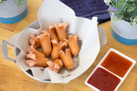 Fried sausages on a hot  a panの写真素材