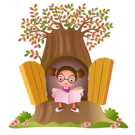 Illustration of a young girl reading  a book at the big treeのイラスト素材