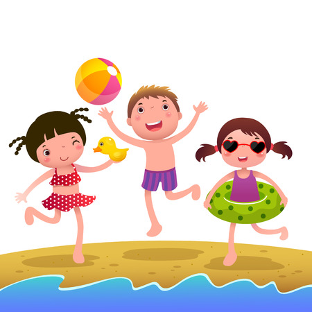 A vector illustration of little girls and boy on the beachのイラスト素材