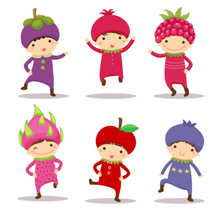 Illustration of cute kids in mangosteen, pomegranate, raspberry, dragon fruit, apple and blueberry costumesのイラスト素材