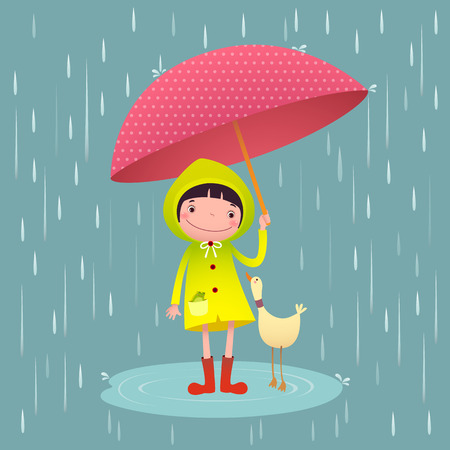 Illustration of cute girl and friends with umbrella in rainy seasonのイラスト素材