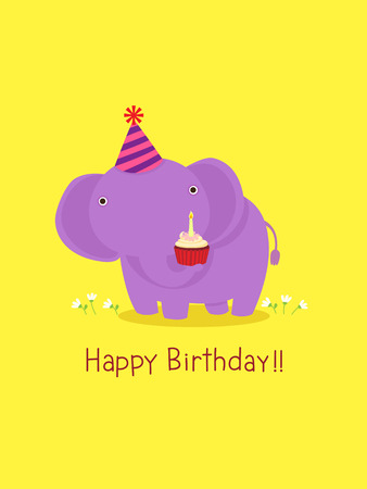 Illustration of happy birthday card with cute elephant on yellow backgroundのイラスト素材