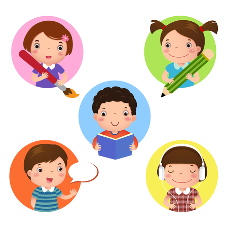 Illustration set of kids mascot learning. Icon for writing, drawing, reading, speaking and listeningのイラスト素材