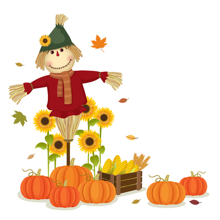 Illustration of autumn harvesting with cute scarecrow and pumpkinsのイラスト素材
