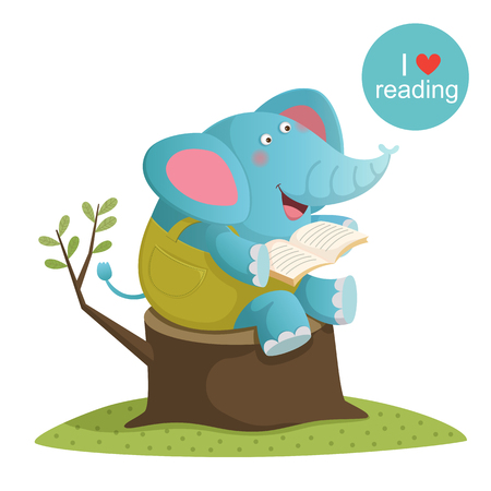 illustration of cartoon elephant reading a bookのイラスト素材