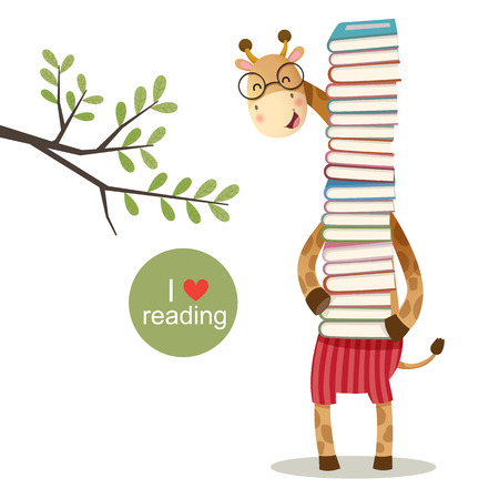 illustration of cartoon giraffe holding a pile of booksのイラスト素材