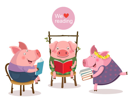 illustration of three little pigs reading a bookのイラスト素材