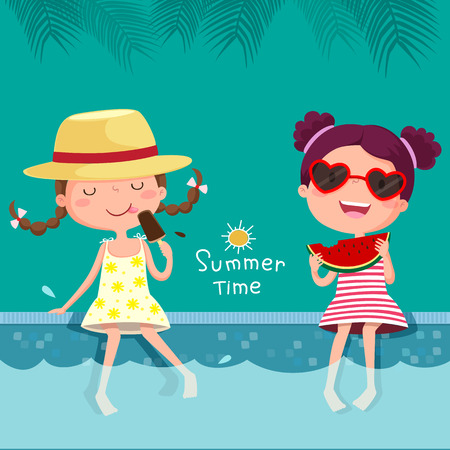 illustration of two girls eating ice cream and watermelon at the poolのイラスト素材