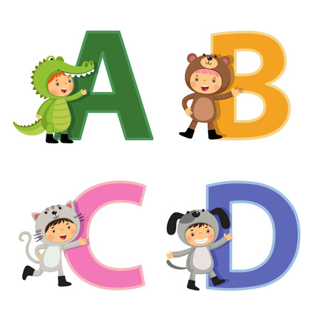 English alphabet with kids in animal costume, A to D lettersのイラスト素材