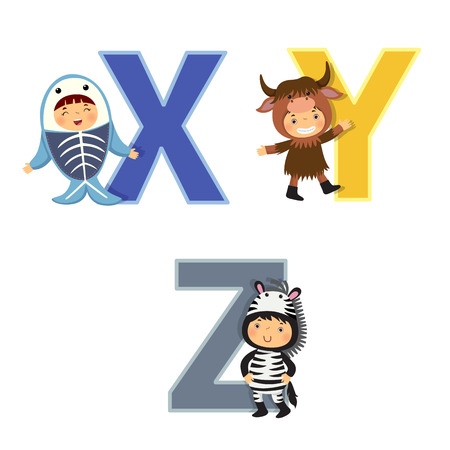 English alphabet with kids in animal costume, X to Z lettersのイラスト素材