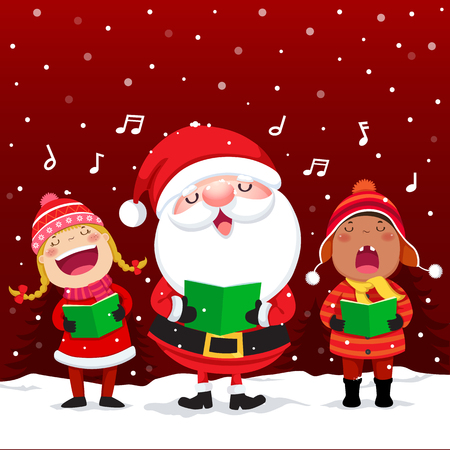 Vector illustration of happy kids with Santa Claus singing Christmas Carolsのイラスト素材