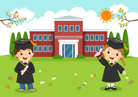 Graduated kids in front of school buildingのイラスト素材
