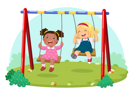 Vector illustration of cute kids having fun on swing in playgroundのイラスト素材