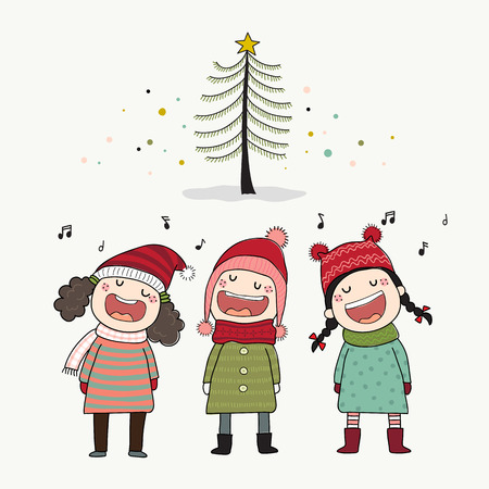 Three kids singing Christmas caroling with pine tree.のイラスト素材