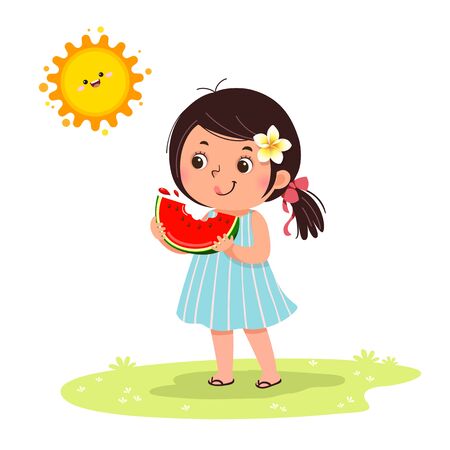 Cute little girl feeling happy with watermelon in hot sunny day.のイラスト素材