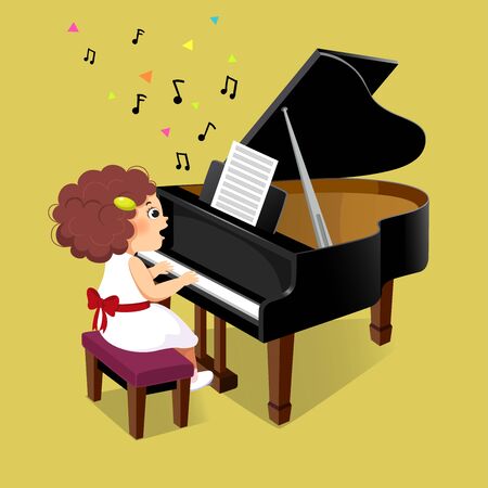 Cute little girl playing the grand piano on yellow backgroundのイラスト素材