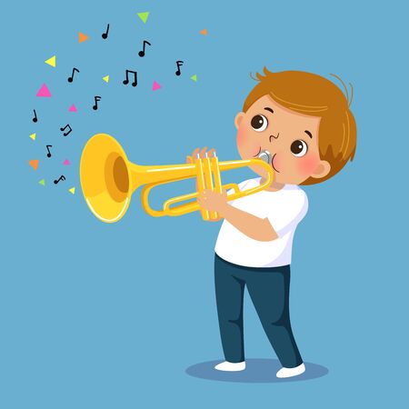 Cute boy playing the trumpet on blue backgroundのイラスト素材