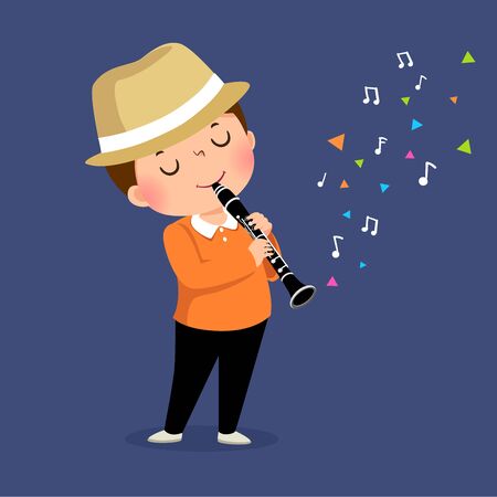 Vector illustration of little boy playing the clarinet on blue background.のイラスト素材