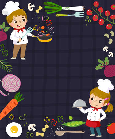 Template for advertising background in cooking concept with two kid chefs.のイラスト素材