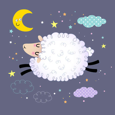 Vector illustration of cute sheep jumping in the night sky.のイラスト素材