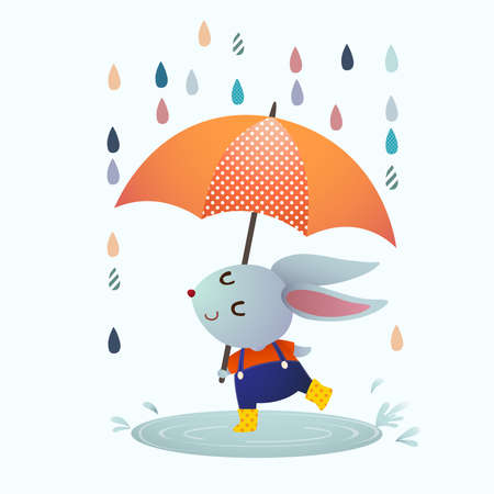 Vector illustration cartoon gray rabbit splashing in a puddle in rainy day.のイラスト素材