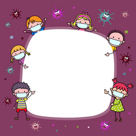 Vector cartoon children wearing protective masks. Covid-19 or Coronavirus 2019-nCoV disease prevention background with cartoon kids.のイラスト素材