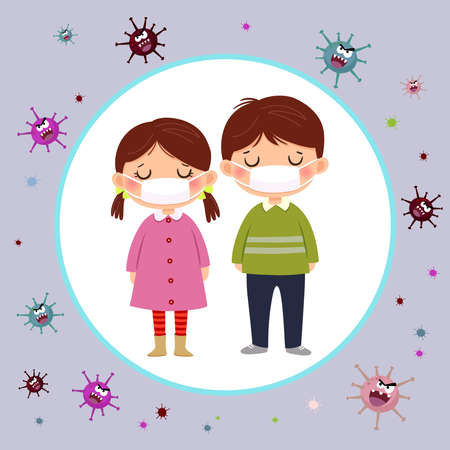 Vector illustration of children wearing protective masks. Covid-19 or Coronavirus 2019-nCoV disease prevention concept with cartoon kids.のイラスト素材