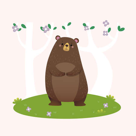 Vector illustration cartoon brown bear standing in the forest.のイラスト素材
