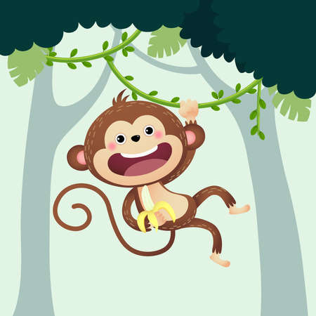 Vector illustration cartoon monkey with a banana hanging from liana in the jungle.のイラスト素材