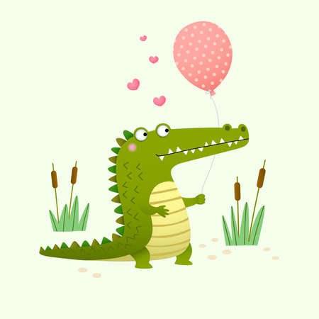 Vector illustration of a cute crocodile holding a balloon on green background.のイラスト素材