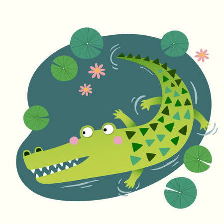 Vector illustration of a cute crocodile in the pond.のイラスト素材