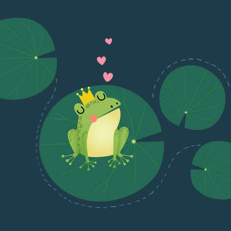 Vector illustration of a cute little frog prince with a golden crown on the lotus leaf.のイラスト素材